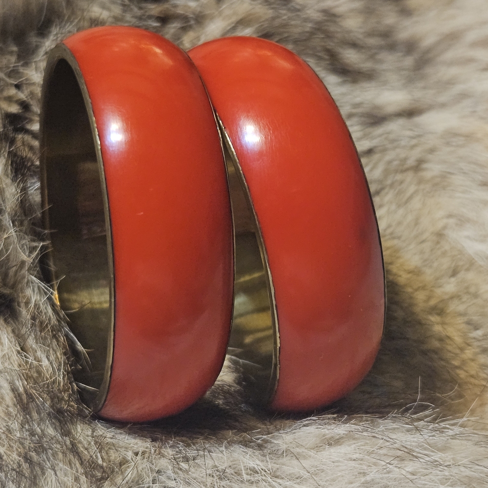 Vintage Set Of 2 Red Acrylic And Brass Dome Bracelets - Women’s Cuff Bangle